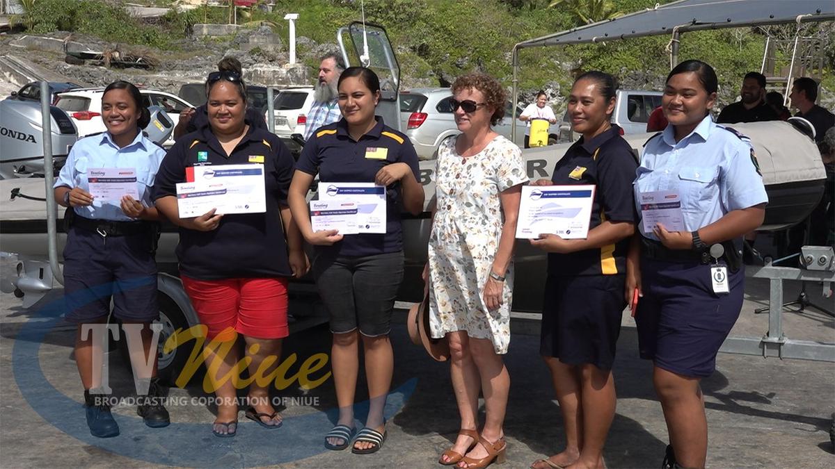 Three women join the team of drivers of the new Border Security RHIB vessel officially handed to Niue by NZ today