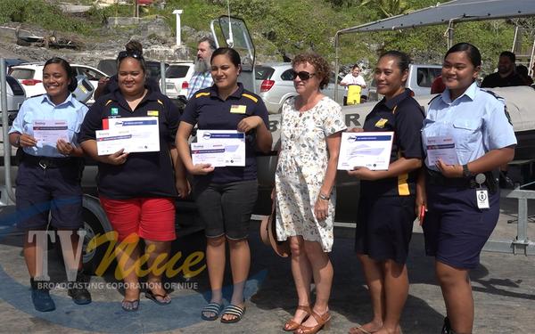 Three women join the team of drivers of the new Border Security RHIB vessel officially handed to Niue by NZ today