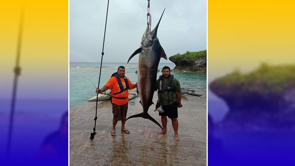 62-year-old Hopokigi’s big catch 115.15kg Blue marlin in a traditional canoe.