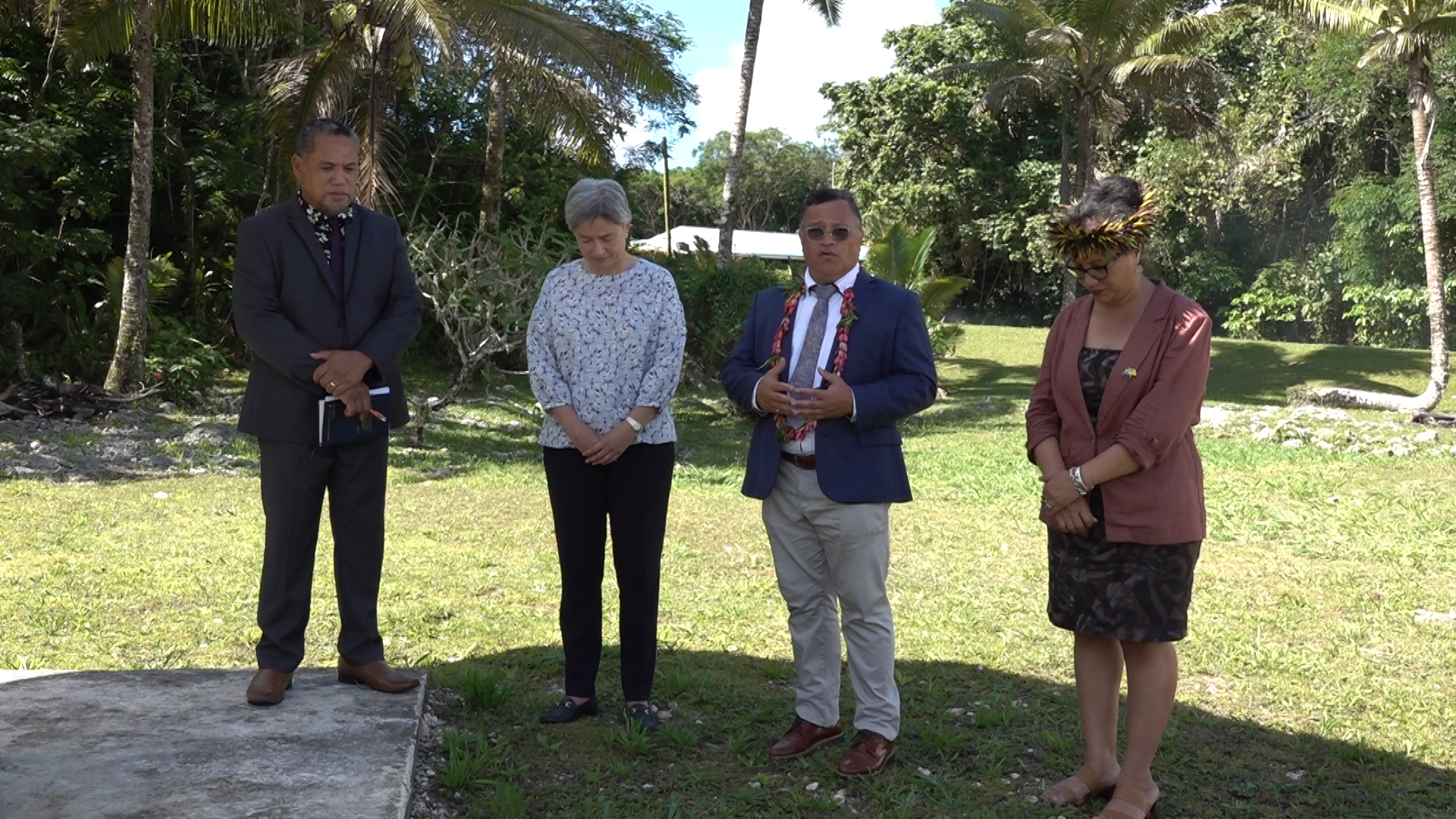 [From left to right] Rev. Scanlan Mitiepo, Australia Foreign Affairs Minister Senator the Penny Wong, Rev. Dr. Matagi Vilitama and BCN Acting General Manager Esther Pavihi in front of ABC satellite dish